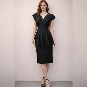 Nancy Johnson Vintage Black Peplum Midi Dress Lace Cottagecore Goth Size L